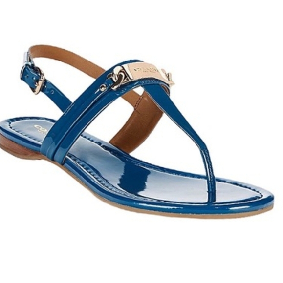Coach Caterine Patent Leather Sandals Blue And Gold Logo Size 7 - Picture 1 of 9